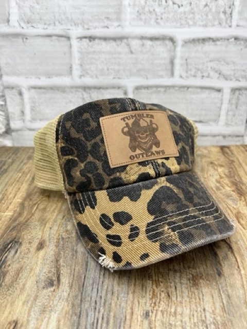 leopard hat with tumbler outlaws patch