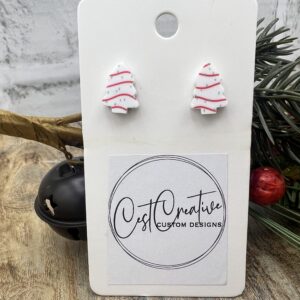 white Christmas tree earrings with red stripes and green dots