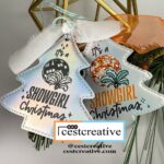holographic tree-shaped leatherette ornaments with a Showgirl-inspired design
