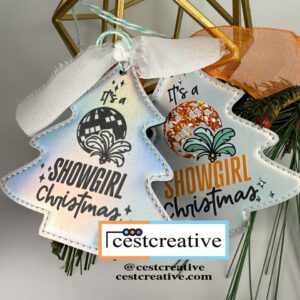 holographic tree-shaped leatherette ornaments with a Showgirl-inspired design