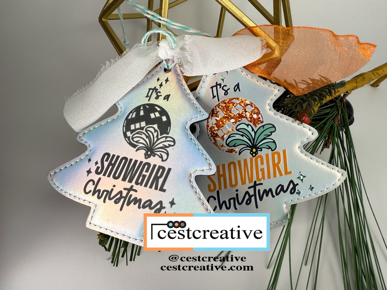 holographic tree-shaped leatherette ornaments with a Showgirl-inspired design